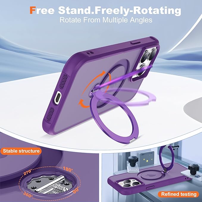 Compatible with iPhone 15 Pro Case with Invisible Magnetic 360°Spin Stand,Military-Grade Shockproof Protection [Compatible with Mag-Safe] Non-Slip Edge Translucent Case (6.1",Purple)