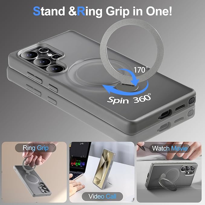 360° Rotatable Stand for Samsung Galaxy S25 Ultra Case Magnetic with Screen Protector X1 & Camera Lens Protector*1, Compatible with MagSafe, 16FT Mil-Grade Shockproof for S25 Ultra Case 6.9",Gray