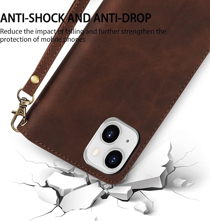 ZZXX For iPhone 14 Plus Case Wallet With [RFID Blocking] Card Slot Premium Soft PU Leather Zipper Flip Folio With Wrist Strap Kickstand Protective Cover For iPhone 14 Plus Wallet Case(Coffee-6.7 inch)