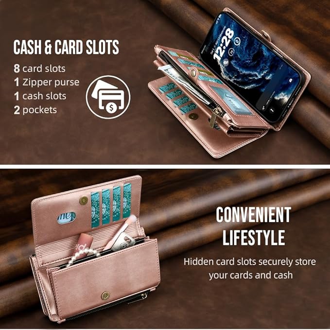 for iPhone Air Wallet Phone Case with 8 Card Holder,RFID Blocking | PU Leather | Kickstand | Flip | Wrist Strap&Shoulder Strap | Shockproof | Zipper Wallet | Women Men | 6.5" | Rose Gold