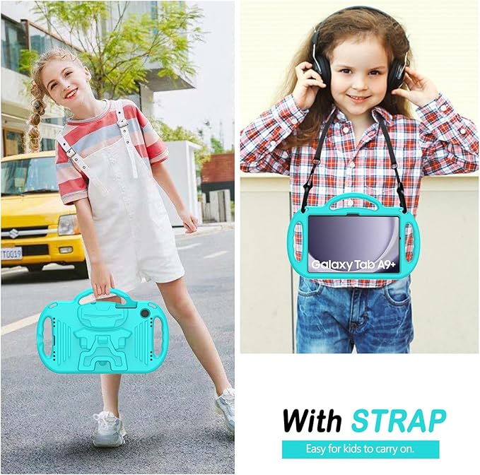 AVAWO Kids Case for Samsung Galaxy Tab A9+/A9 Plus 11 Inch 2023 Case, with Strap, Shockproof Lightweight Handle Stand 2023 Model (SM-X210/X216/X218), Turquoise
