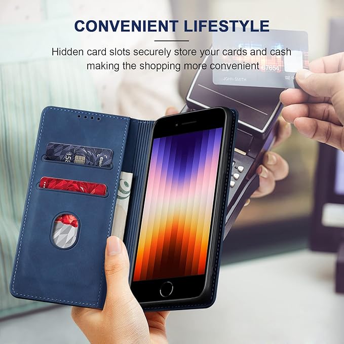 Jasonyu Flip Wallet Case for iPhone SE 2022/2020/8/7,Leather Magnetic Folio Cover with Card Holder,Kickstand - TPU Shockproof Durable Protective Phone Case,Blue