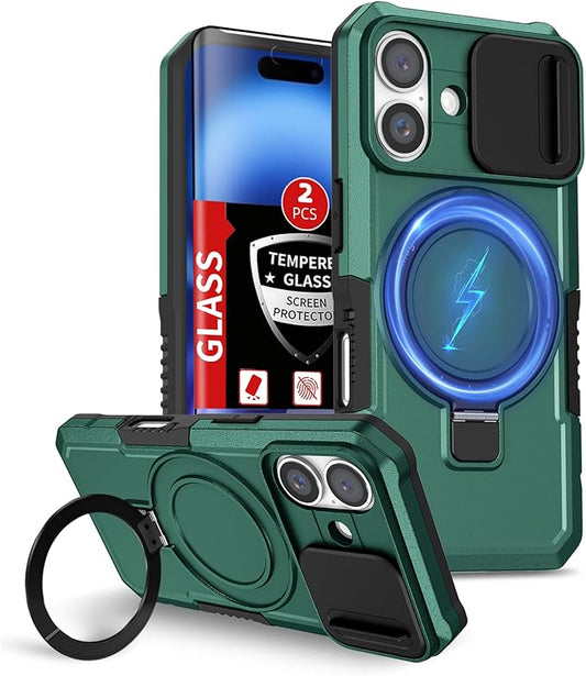 for iPhone 16 Case Magnetic Compatible with MagSafe Wireless Charging,with 2 Screen Protectors,for 16 Case Built-in Kickstand+Camera Cover Anti-Scratch Shockproof Heavy Duty Protection Green