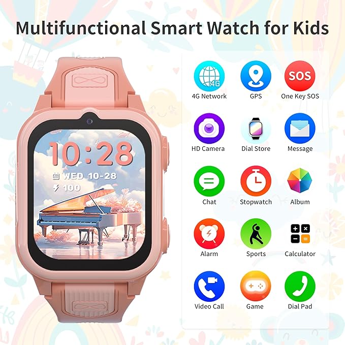 4G Kids Smart Watches Girls with GPS Tracker, Kids Cell Phone Watch with Video & Voice Calling Texting SOS Call Chat Camera Pedometer Alarm Calculator Games, Smart Watch for Girls Age 6-15(Pink)