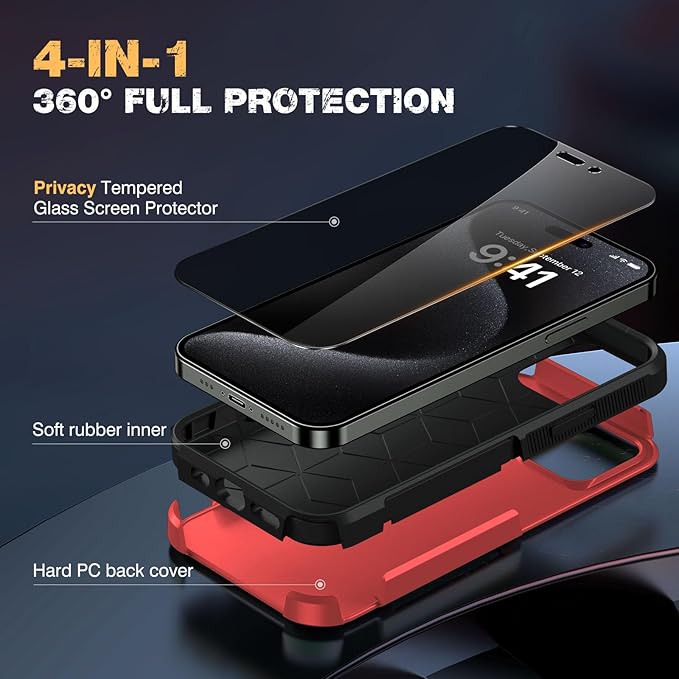 Diaclara Designed for iPhone 15 Pro Max Case, [with Privacy Screen Protector] [Anti Spy] [Military Grade Drop Protection] Heavy Duty Full-Body Shockproof Phone Case, Red