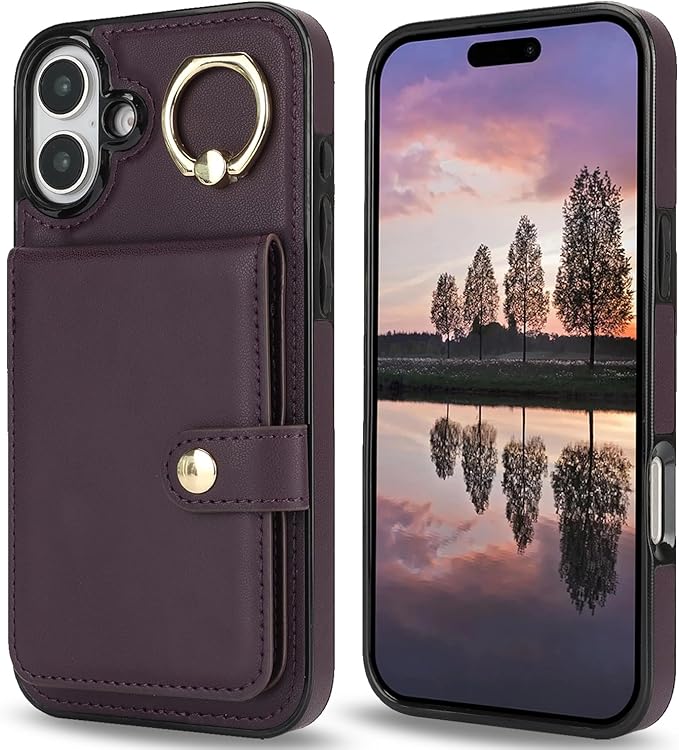 Compatible iPhone 16 Wallet Case with Card Holder RFID Blocking PU Leather Doubles as a Wallet Unisex Flip Shockproof Protection with Card Slots Ring Wrist Kickstand Function,Purple