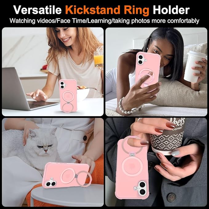 Magnetic Compatible with iPhone 17 Case with Stand [Military Grade Drop Tested][Compatible with Magnet] Ring Translucent Slim Hard Back Soft Edge, Pink