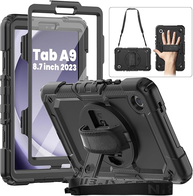 for Samsung Galaxy Tab A9 Case 8.7 inch Case, with Screen Protector, Hand Strap, Shoulder Strap, 360° Rotating Stand for Galaxy Tab A9 2023 Release SM-X110,SM-X115 Black