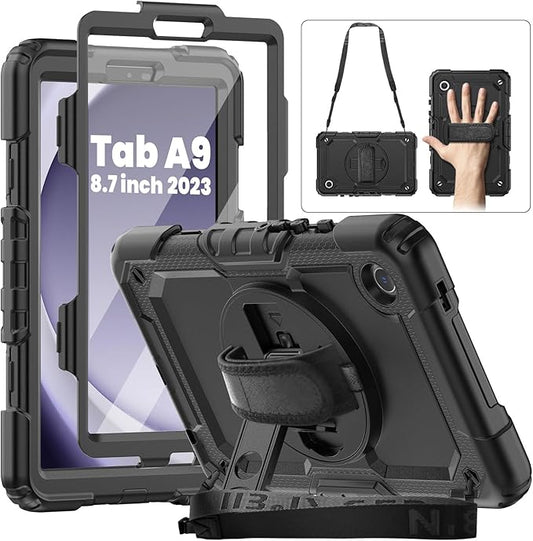 for Samsung Galaxy Tab A9 Case 8.7 inch Case, with Screen Protector, Hand Strap, Shoulder Strap, 360° Rotating Stand for Galaxy Tab A9 2023 Release SM-X110,SM-X115 Black