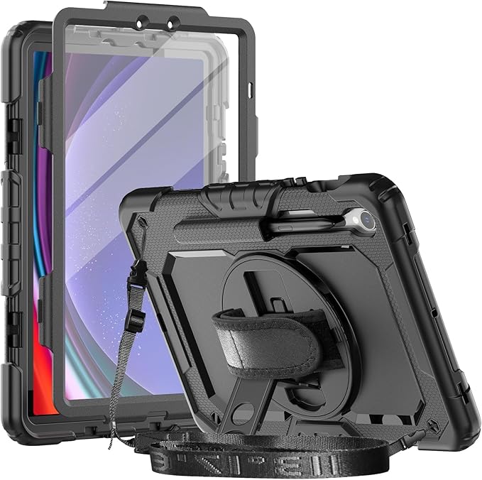 Herize Case Compatible with Samsung Galaxy Tab S10 FE / S9 FE 10.9 Inch Inch with Screen Protector | Cover for S9 11 Inch | Heavy Duty Shockproof Case W/Hand Strap Stand | Black