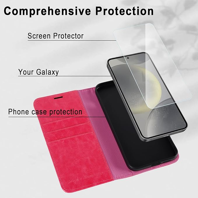 MONASAY Wallet Case Fit for Samsung Galaxy S24 5G, [Lens & Glass Screen Protector Included] [RFID Blocking] Flip Folio Leather Cell Phone Cover with Credit Card Holder, 6.2 inch, Hot-Pink