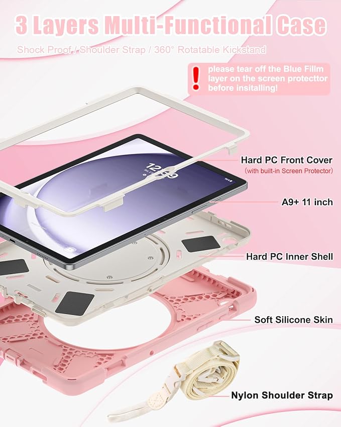 BRAECN Kids Case for Samsung Galaxy Tab A9+/ A9 Plus 11 Inch 2023 SM-X210/X216/X218, Heavy Duty Protective Silicone Cover with Screen Protector, Handle Grip, Swivel Stand, Shoulder Strap, Sakura Pink