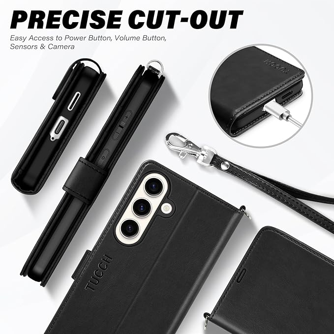 TUCCH Wallet Case for Galaxy S25 Plus with [Wrist Strap] TPU Shockproof Interior Case [RFID Blocking] Stand Card Slot, Magnetic PU Leather Cover Compatible with Galaxy S25 Plus, Black with Wristlet