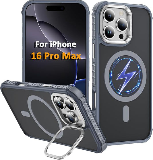 Magnetic for iPhone 16 Pro Max Case Gray with MagSafe Wireless Charging Heavy Duty Military-Grade Shockproof Protection Adjustable Kickstand Slim Matte Anti-Fingerprint Cover Men Women