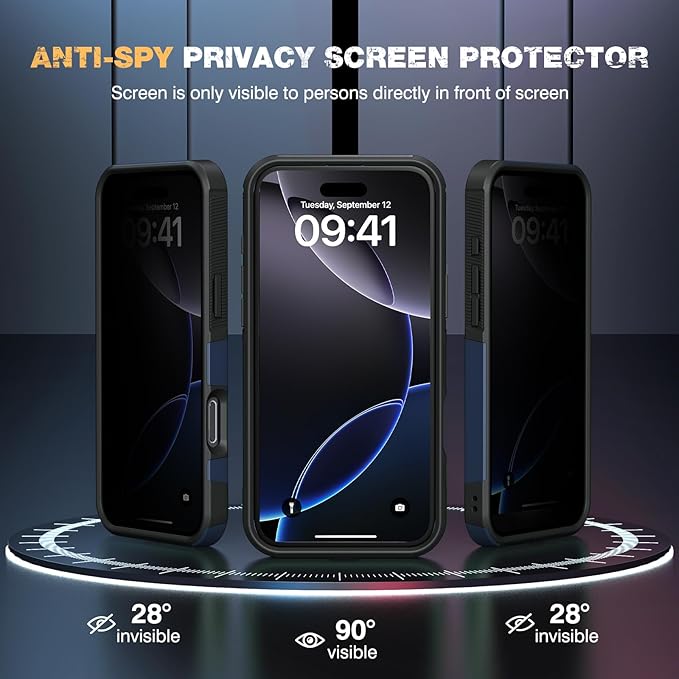 Diaclara Designed for iPhone 16 Pro Max Case, [with Privacy Screen Protector] [Anti Spy] [Military Grade Drop Protection] Heavy Duty Full-Body Shockproof Phone Case, Magnetic Blue