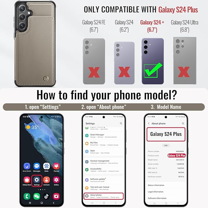 Vinich for Samsung Galaxy S24 Plus Wallet Case with Card Holder, RFID Blocking Credit Slots Kickstand Shockproof Phone Cover for Women Men, Gray