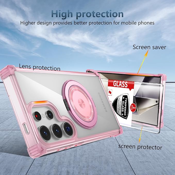 for Samsung Galaxy S24Ultra Case Compatible Wireless Charging Magnetic,with Screen Protector,for S24Ultra Phone Case with Stand Ring Military Grade Shockproof Heavy Duty Protection Green Pink