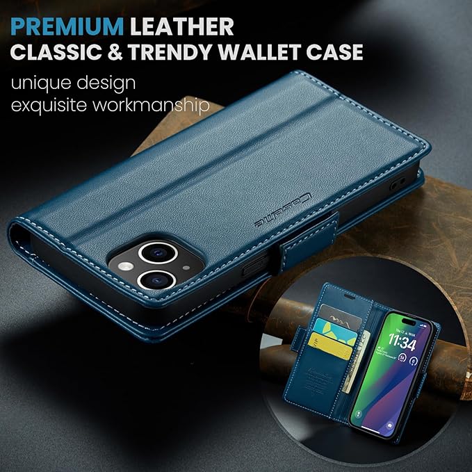 for iPhone 15 Case, Premium PU Leather Wallet Case Flip Cover with [RFID Blocking][Card Holder][Stand Function] Shockproof Protective for iPhone 15 Case, Blue