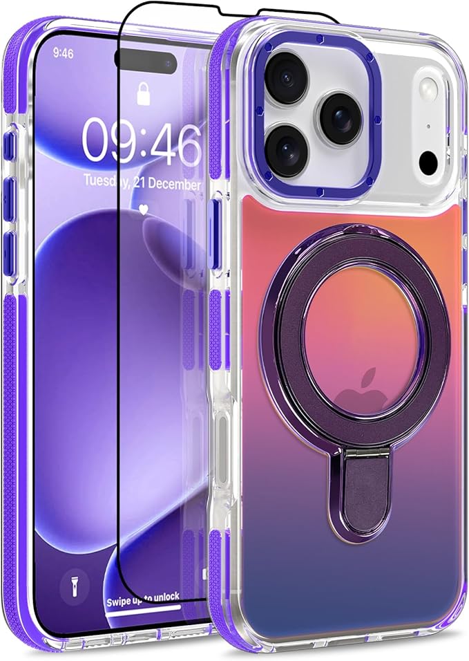 MOWIME Magnetic for iPhone 17 Pro Case with Stand [Compatible with Magsafe] [Cute Fashion Fluorescent Design] [1 Screen Protector] Slim Translucent Matte Case for iPhone 17 Pro 6.3" 2025, Purple
