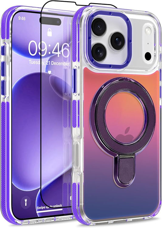 MOWIME Magnetic for iPhone 17 Pro Max Case with Stand [Compatible with Magsafe] [Fashion Fluorescent Design] [1 Screen Protector] Slim Translucent Matte Case for iPhone 17 Pro Max 6.9" 2025, Purple