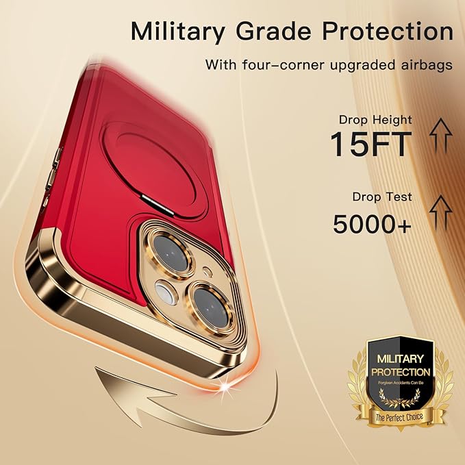 COOLQO for iPhone 14 Case 6.1'' Upgraded 360° Spin Magnetic Stand [Compatible with Magsafe][Military Grade Drop Protection] Shockproof Protective Phone Holder Cover for iPhone 14, Red Gold