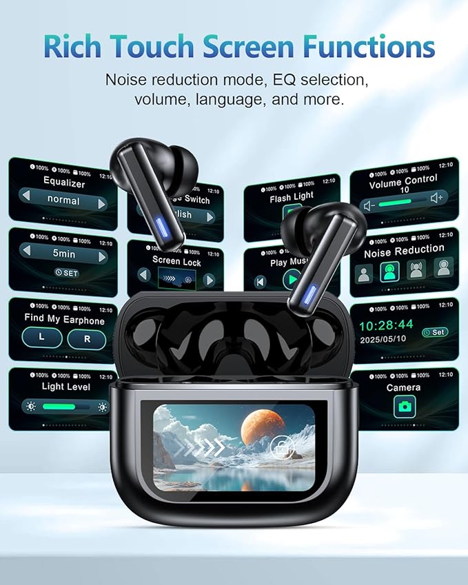 Wireless Earbuds Bluetooth Headphones, Ear Buds with Touch Screen, ANC ENC Noise Cancelling Transparency Mode, 40H Stereo Deep Bass, IPX7 Waterproof, Clear Calls, 5 EQ for iOS Android (Black)