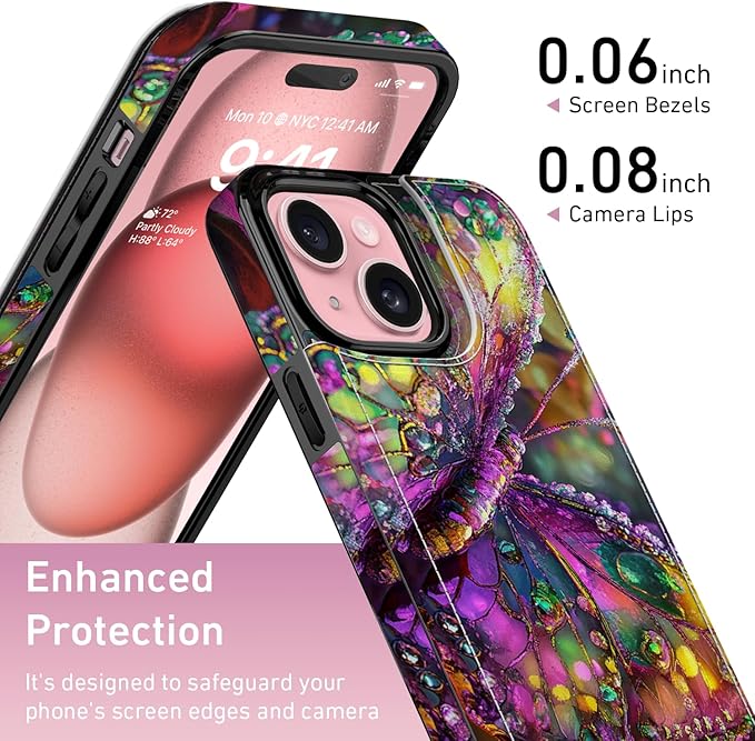 FUNMIKO for iPhone 15 Plus Wallet Case with Card Holder, RFID-Blocking, Military-Grade Protection & UV-Printed Artwork, Magnetic Closure with Leather Kickstand - Vibrant Elegant Butterfly