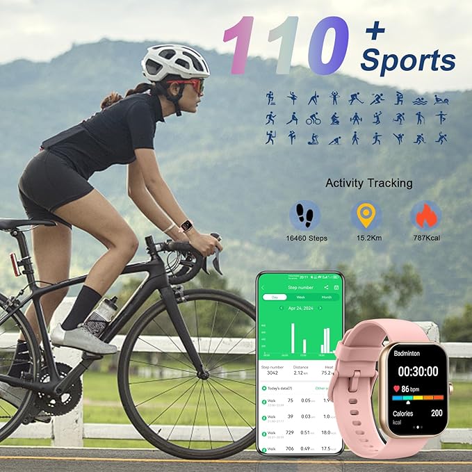 Smart Watch for Men Women (Answer/Make Calls), 1.96" HD Fitness Smartwatch 2025, 110+ Sports Modes, Heart Rate/Sleep/Spo2 Monitor, IP68 Waterproof Step Counter, Activity Tracker for Android iOS, Pink
