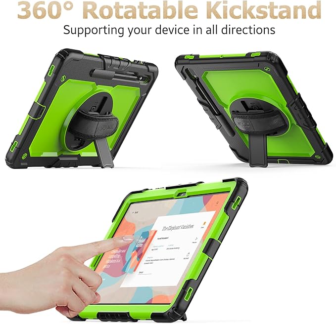 SEYMAC stock Case for Samsung Galaxy Tab S7 FE / S8 Plus 5G Case 12.4'' with Screen Protector Pencil Holder [360 Rotating Hand Strap] &Stand, Drop-Proof, Green/Black