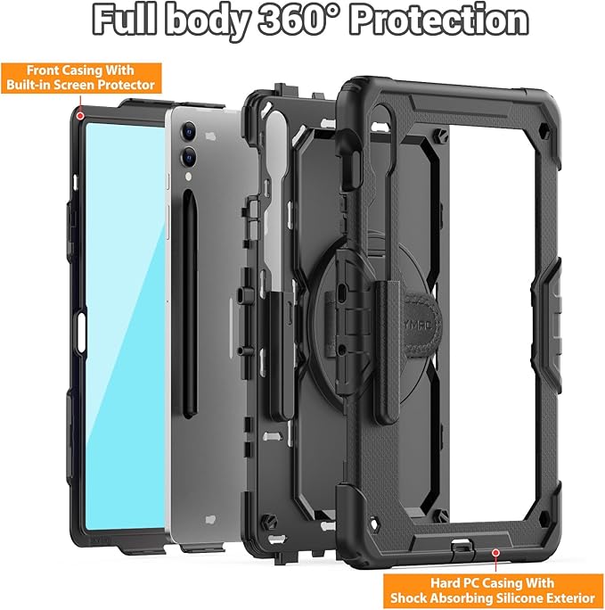 SEYMAC Case for Samsung Galaxy Tab S10+ Plus 2024/ S9 FE+ Plus/ S9+ Plus 12.4" 2023, Heavy Duty Shockproof Protective Case with Screen Protector, Stand, Hand/Shoulder Strap and Pen Holder, Black