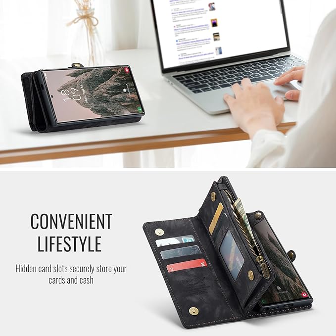 SZHAIYU 2 in 1 Detachable for Samsung Galaxy S25 Ultra Wallet Case with Card Holder, Retro Premium Flip Leather Cover Magnetic Zipper Pocket Phone Cases 6.8'' (Black, S25 Ultra)