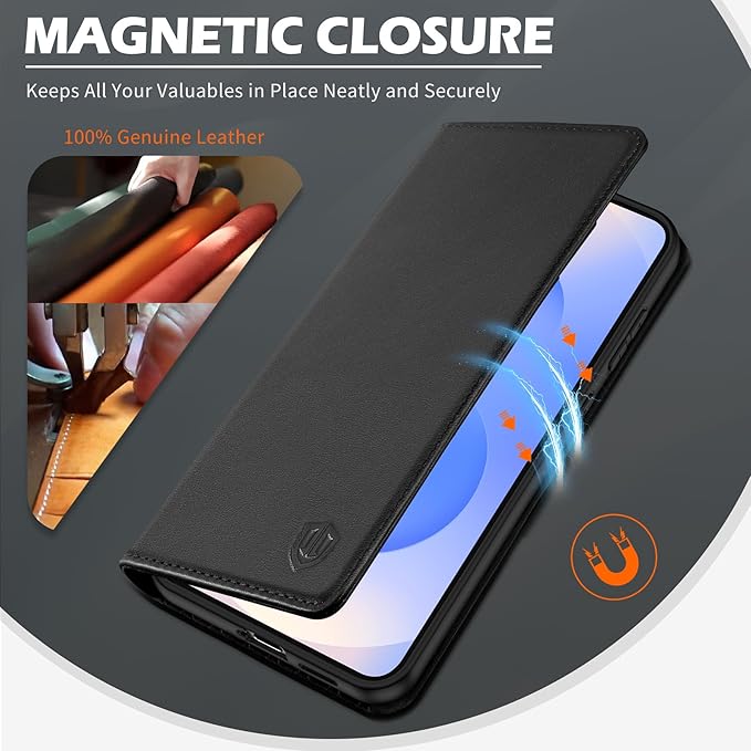 SHIELDON Wallet Case for Galaxy S25 FE 6.7" 2025, Genuine Leather Folio Case Magnetic RFID Blocking Credit Card Holder Kickstand Shockproof Phone Cover Compatible with Galaxy S25 FE - Nappa Black