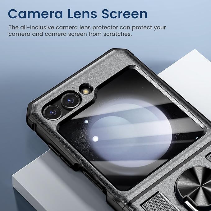 VEGO for Galaxy Z Flip 5 Case with Stand, 360°Ring Magnetic Ring Kickstand & Belt Clip Holster & Camera Screen Protector & Hinge Protection, Shockproof Cover - Grey