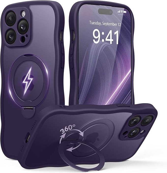 for iPhone 14 Pro Case for Women,[Compatible with Magsafe][360° Spin Magnetic Stand][Cute Wave Edge][Military-Grade Protection] Translucent Matte Phone Case for iPhone 14 Pro, Dark Purple