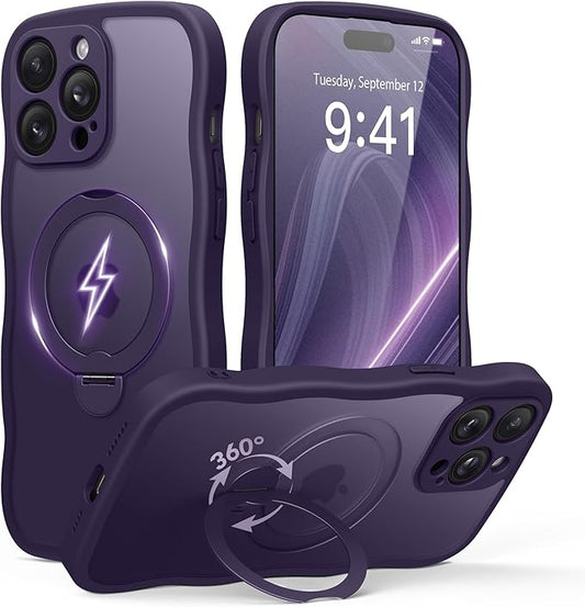 for iPhone 14 Pro Max Case for Women,[Compatible with Magsafe][360° Spin Magnetic Stand][Cute Wave Edge][Military-Grade Protection]Translucent Matte Phone Case for iPhone 14 ProMax, Dark Purple