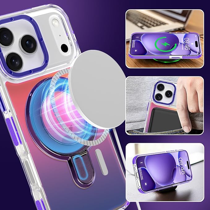 MOWIME Magnetic for iPhone 17 Pro Max Case with Stand [Compatible with Magsafe] [Fashion Fluorescent Design] [1 Screen Protector] Slim Translucent Matte Case for iPhone 17 Pro Max 6.9" 2025, Purple