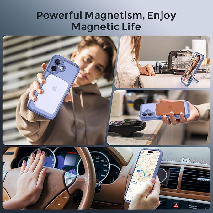 MOCCA Compatible with iPhone 17 Case with Magnetic Invisible Stand [Full Camera Protection] [Compatible with Magsafe] Military Drop Shockproof Translucent Matte Phone Case Cover 6.3",Lavender Grey