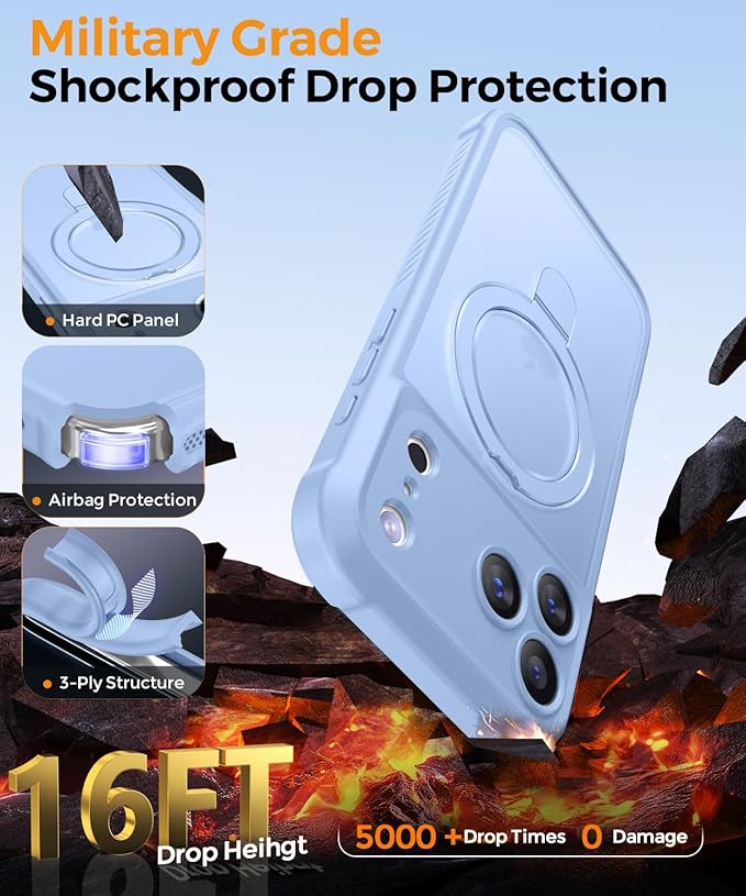 MOCCA Compatible with iPhone 17 Pro Max Case with Magnetic Invisible Stand [Full Camera Protection] [Compatible with Magsafe] Military Drop Shockproof Translucent Matte Phone Case Cover,Light Blue