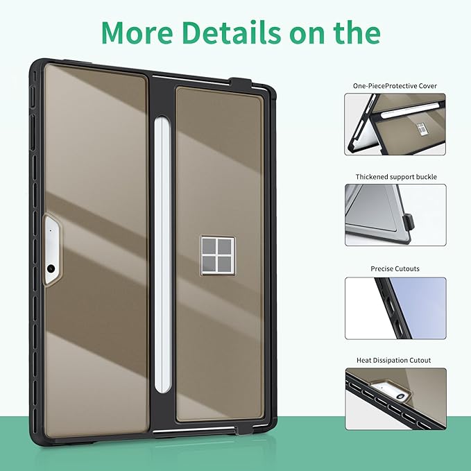 Case Updated Version fit Microsoft Surface Pro 11/10/9/8 13-Inch, All-in-one Rugged Case Compatible with Type Cover Keyboards, Transparent Black