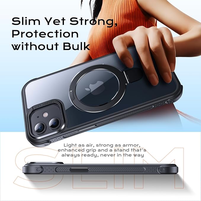 Anqrp O-Ring Magnetic Kickstand Clear Case for iPhone 12/12 Pro, Compatible with Mag-Safe, Military-Grade Reinforced 4-Corners Anti-Yellowing Transparent Phone Case Cover for iPhone 12/12 Pro, Black