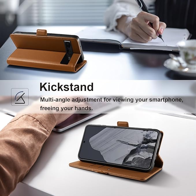 Wallet Flip Case for Google Pixel 8 Pro - [RFID Blocking] Luxury PU Leather Card Holder Magnetic Phone Cover with Kickstand,Shockproof Protective Case,Brown