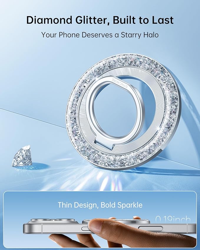 SYNCWIRE Magnetic Phone Ring Holder for MagSafe - Glitter Phone Grip Stand with 360° Rotation & Reinforced Hinge, Compatible with iPhone 16 15 14 13 Pro Max Plus MagSafe Accessories - Glitter Silver