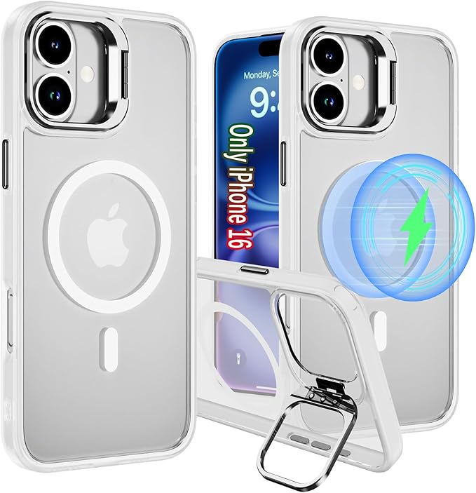 for iPhone 16 Case with Stand, Compatible with MagSafe, Military-Grade Drop Protection, Heavy Duty Magnetic Phone Case for iPhone 16，Translucent ﻿