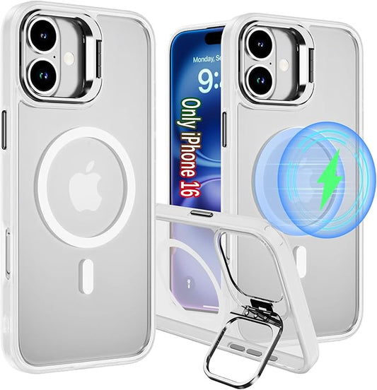 for iPhone 16 Case with Stand, Compatible with MagSafe, Military-Grade Drop Protection, Heavy Duty Magnetic Phone Case for iPhone 16，Translucent ﻿