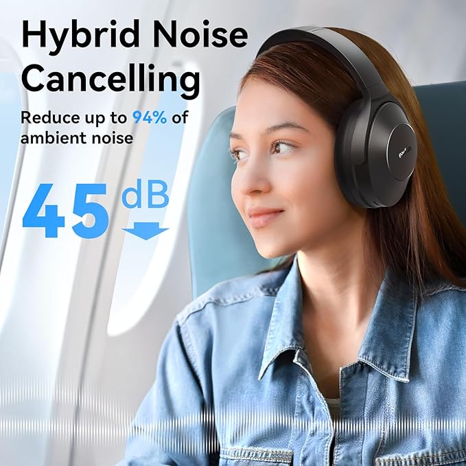 EarFun Wave Life Hybrid Active Noise Cancelling Headphones, Wireless Over Ear Bluetooth 5.4 Headphones, 4 Mics AI Clear Call, Deep Bass, 60H Playtime, Comfortable Fit, Custom EQ, Multipoint Connection