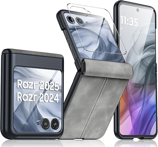 for Motorola Razr 2024 Case/Razr 2025 Case, Built-in Screen Protector & Hinge Protection & Ultra Thin PU Leather Matte PC Shockproof Phone Cover Smartphone Case for Moto Razr 2024/2025(Gray)