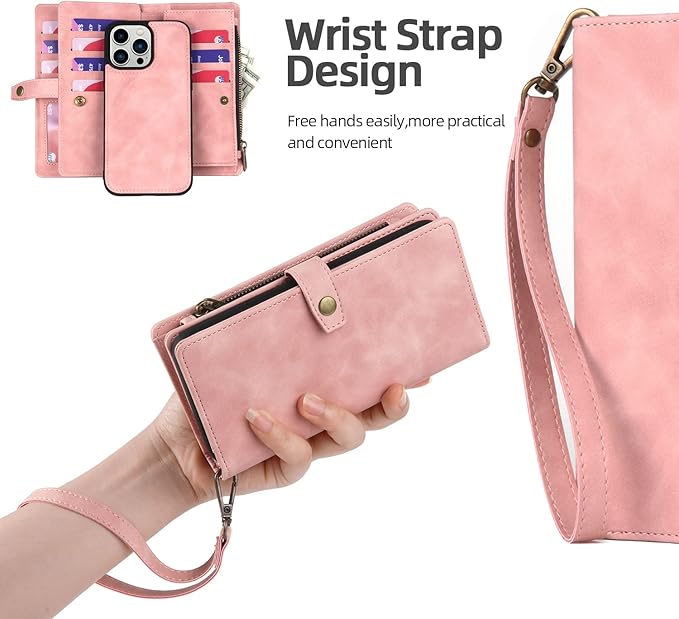 TwoHead for iPhone 12 Pro Max Wallet Case with Card Holder & Detachable Magnetic Phone Case, PU Leather Shockproof Protective Case Wallet for Women/Men,Phone Case Wallet with Wrist Strap(Pink)