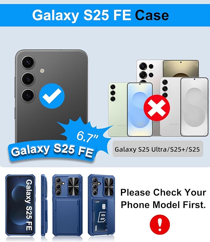 for Samsung Galaxy S25 FE Case Wallet with Card Holder (4-5 Cards), Slide Camera Cover, Military Grade Drop Shockproof, Heavy Duty Rugged Women Men Phone Case for Galaxy S25 FE 6.7" 2025, Blue