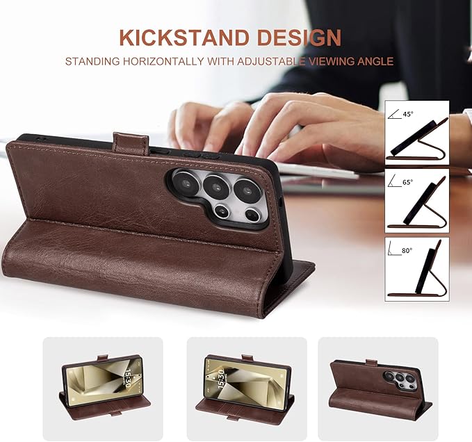 Case for Galaxy S25 Ultra 6.9"-Genuine Leather Folio Wallet Case with Kickstand RFID Blocking Card Holder Magnetic Protective Phone Cover Compatible with Galaxy S25 Ultra 2025 (Darkbrown)