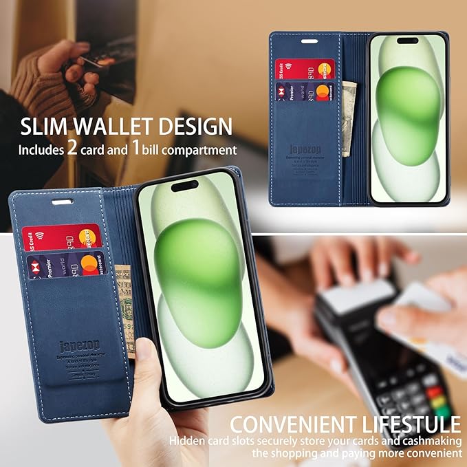 japezop iPhone 15 Plus 5G Wallet Case with RFID Blocking, Card Holder Kickstand Magnetic Leather Flip Case Wallet for iPhone 15 Plus 5G 6.7 Inch(Blue)